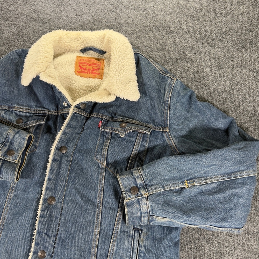 Levi's Sherpa Trucker Jacket Denim Fleece Lined Jean Coat Large Blue Mens L